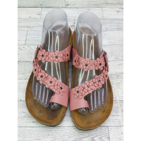Women's A. Giannetti Sandals Size 7.5 Pink Brown Leather Flowers Floral Shoes - Picture 3 of 12